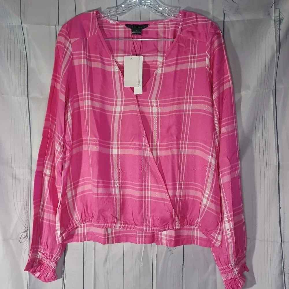 Sanctuary Cori Pink and White Plaid Smocked V-Neck Preppy Long Sleeve Blouse